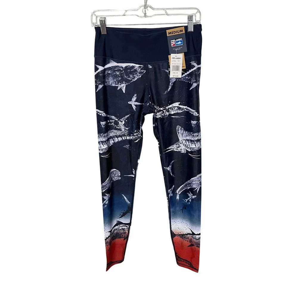 Pelagic Maui Leggings Women Size M Blue Gyotaku Fade Fish Print Dwight Hwang NEW